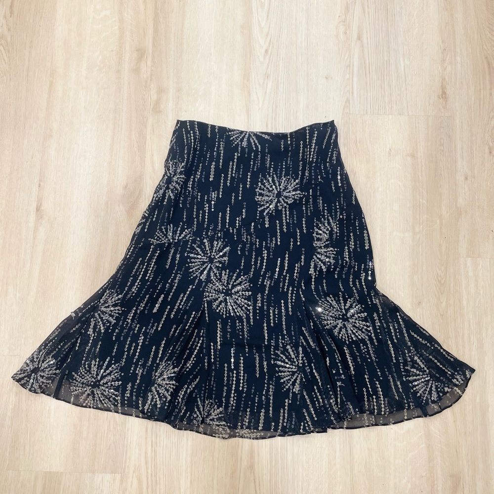 Alfani black and taupe with silver sequins silk midi skirt size 8